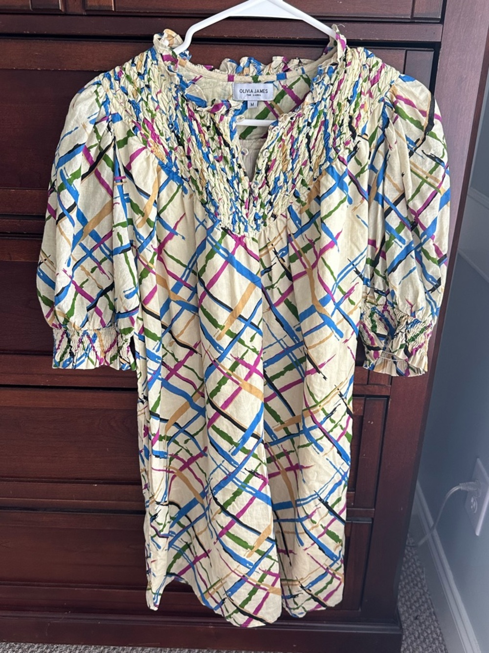 Olivia James the Label smocked abstract check print mini dress size M